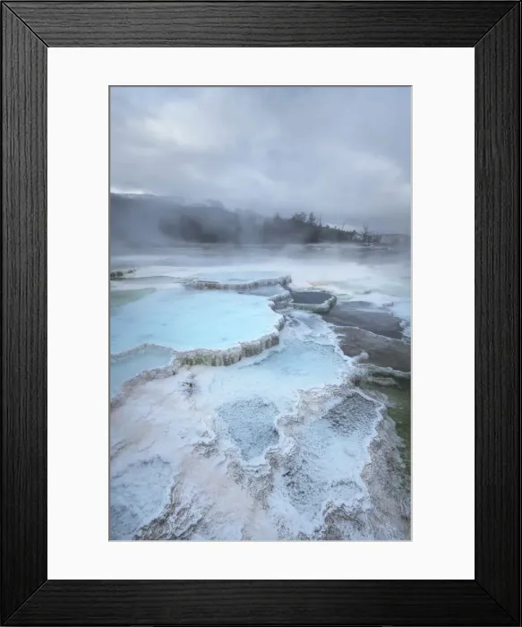 Framed Print : Deposits of travertine colored by thermophilic bacteria, Upper Terraces Mammoth Hot Springs, Yellowstone National Park