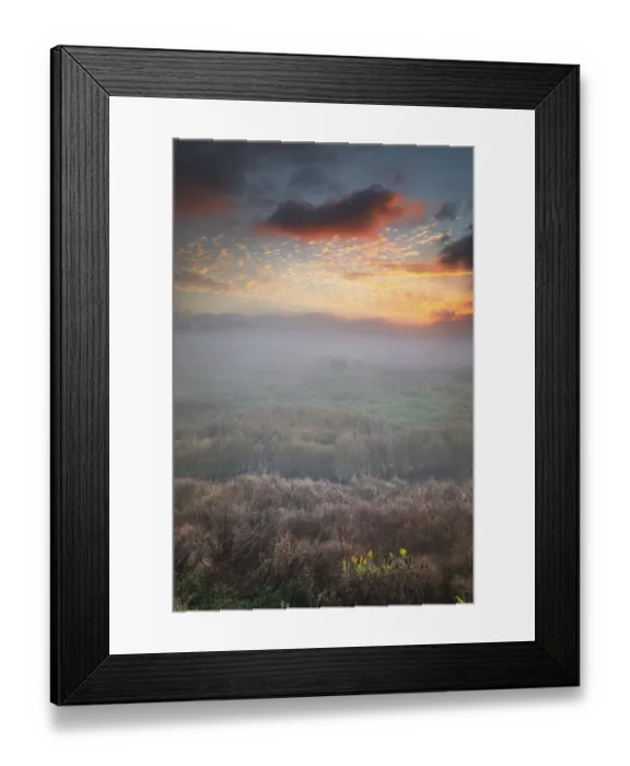Framed Print : USA, West Virginia, Davis. Fog over stream in valley at sunrise