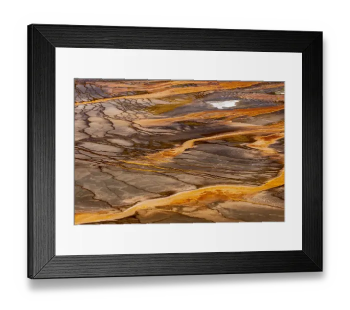 Framed Print : Elevated view of patterns in bacterial mat around Grand Prismatic spring, Midway Geyser Basin, Yellowstone National Park, Wyoming Framed Print : Elevated view of patterns in bacterial mat around Grand Prismatic spring, Midway Geyser Basin, Yellowstone National Park, Wyoming