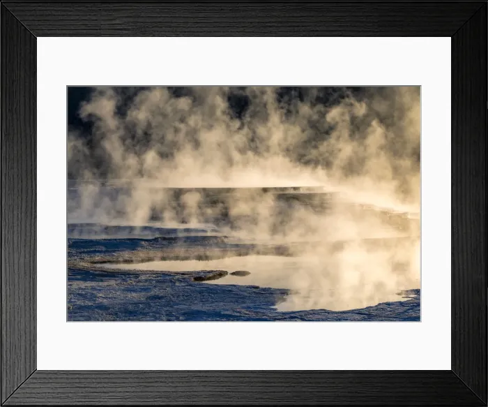 Framed Print : Canary Spring and steaming mist at sunrise, Mammoth Hot Springs, Yellowstone National Park, Wyoming Framed Print : Canary Spring and steaming mist at sunrise, Mammoth Hot Springs, Yellowstone National Park, Wyoming