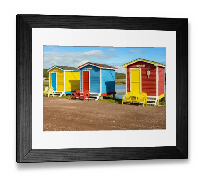 Framed Print : Colorful beach huts, Cavendish, Newfoundland, Canada
