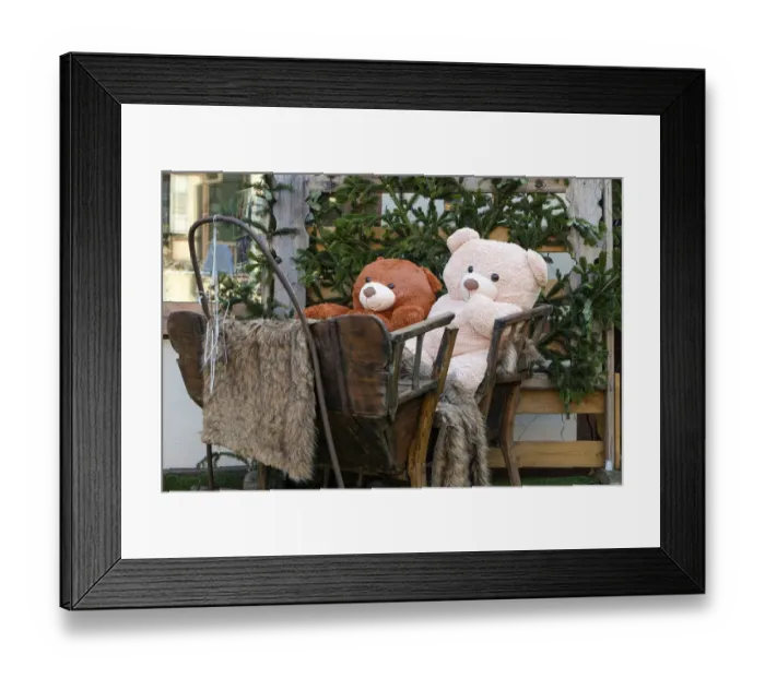 Framed Print : Colmar, France. Old town Colmar adorned with Christmas decoration. Cozy teddy bears in old wooden sleigh Framed Print : Colmar, France. Old town Colmar adorned with Christmas decoration. Cozy teddy bears in old wooden sleigh