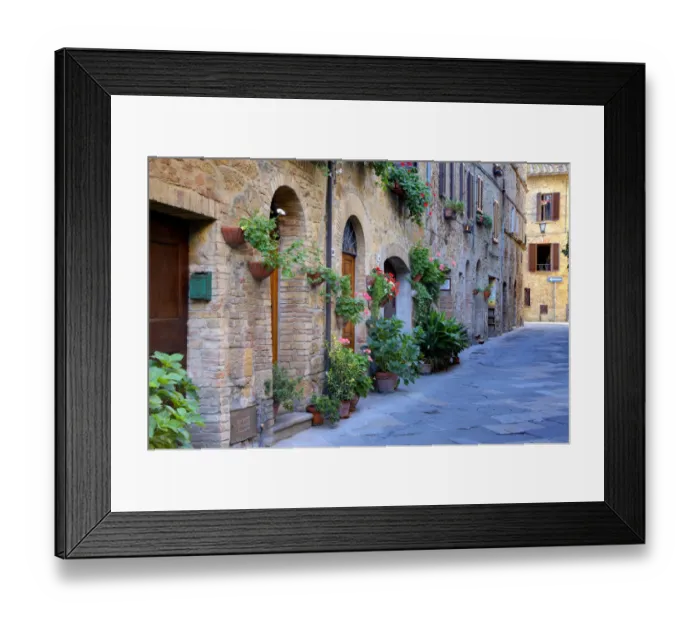 Framed Print : Italy, Tuscany, Pienza. Flower pots and potted plants decorate a narrow street in a Tuscany village Framed Print : Italy, Tuscany, Pienza. Flower pots and potted plants decorate a narrow street in a Tuscany village