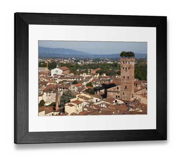 Framed Print : Italy, Tuscany, Lucca. The rooftops of the historic center of Lucca and the Guinigi tower