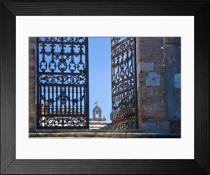 Framed Print : Italy, Tuscany, Montepulciano. The wrought iron gate leading to the cemetery near the Church of San Biaggio