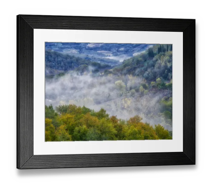 Framed Print : Italy, Tuscany. Autumn morning with fog in the Tuscan valley Framed Print : Italy, Tuscany. Autumn morning with fog in the Tuscan valley