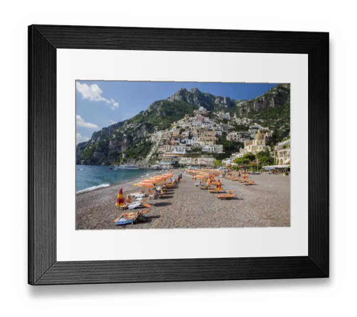 Framed Print : Italy, Positano. Beautiful Beach of the Town of Positano with sunbathers Framed Print : Italy, Positano. Beautiful Beach of the Town of Positano with sunbathers