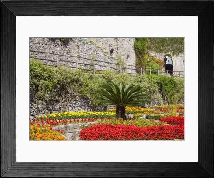 Framed Print : Italy, Campania, Ravello. Flower garden of Villa Rufolo over looking the Amalfi Coast and the Gulf of Salerno Framed Print : Italy, Campania, Ravello. Flower garden of Villa Rufolo over looking the Amalfi Coast and the Gulf of Salerno