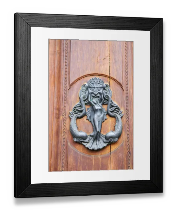Framed Print : Italy, Tuscany, Pisa. Large antique door knocker on beautiful wooden door