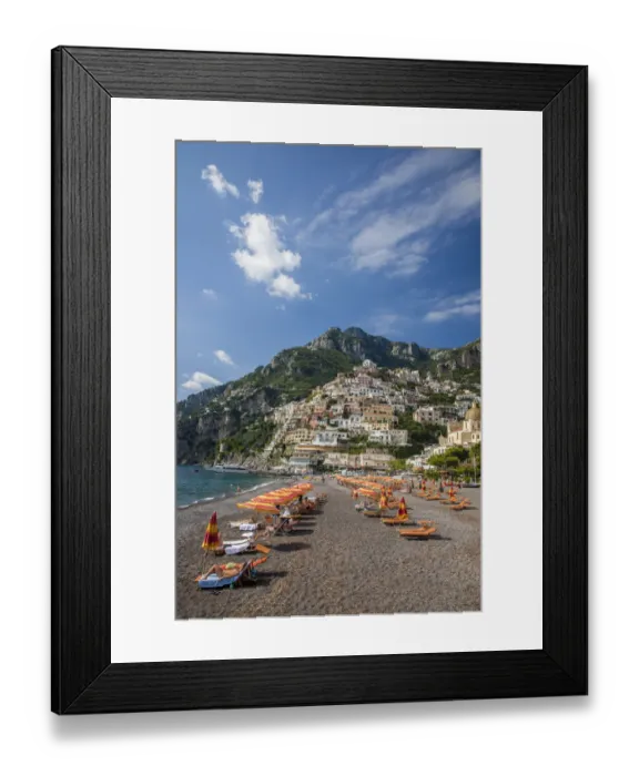 Framed Print : Italy, Positano. Beautiful Beach of the Town of Positano with sunbathers Framed Print : Italy, Positano. Beautiful Beach of the Town of Positano with sunbathers