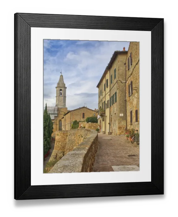 Framed Print : Italy, Tuscany, Pienza. Walkway leading to the bell tower of the Pienza cathedral Framed Print : Italy, Tuscany, Pienza. Walkway leading to the bell tower of the Pienza cathedral