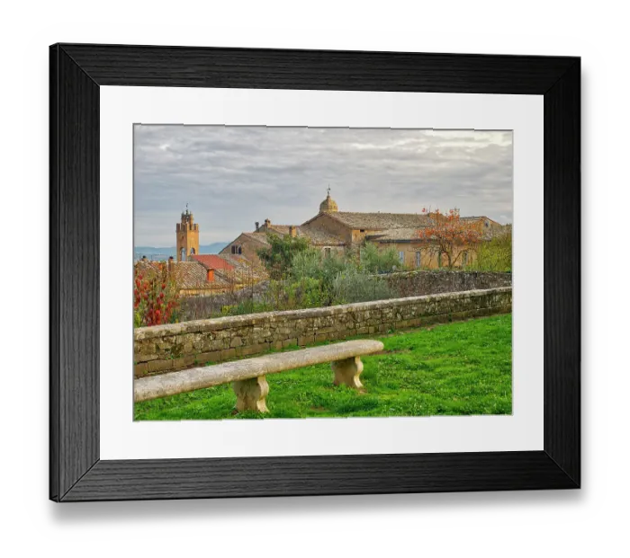 Framed Print : Italy, Tuscany, Province of Siena, Montalcino. Stone bench overlooking the town of Montalcino Framed Print : Italy, Tuscany, Province of Siena, Montalcino. Stone bench overlooking the town of Montalcino