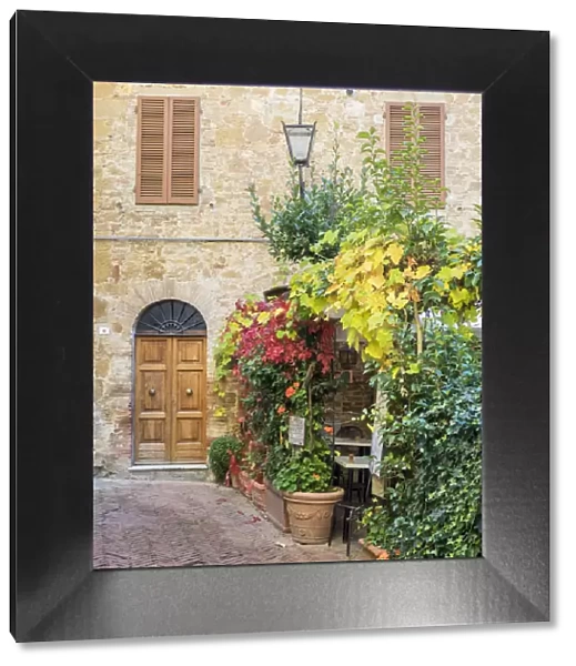 Italy, Tuscany, Pienza. Doorway surrounded by flowers