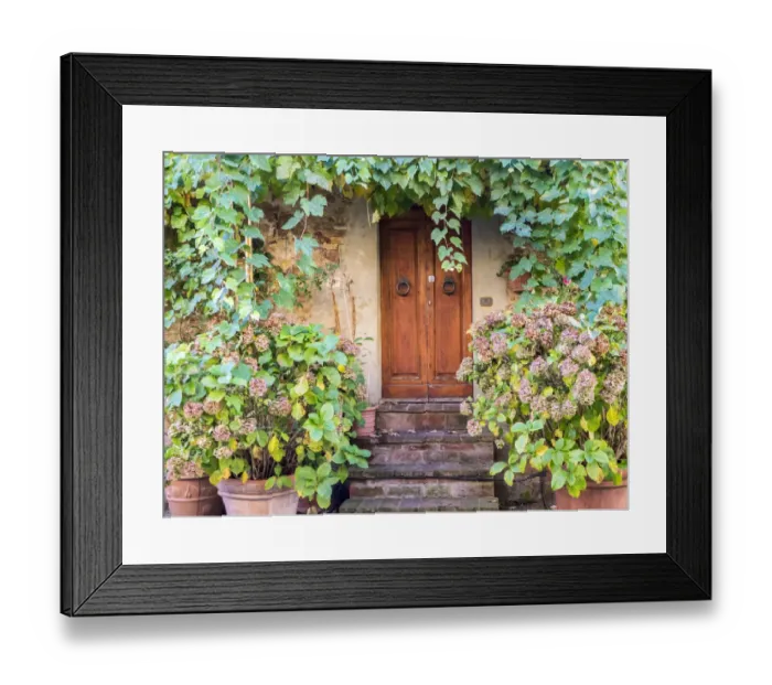 Framed Print : Italy, Tuscany, Pienza. Doorway surrounded by flowers Framed Print : Italy, Tuscany, Pienza. Doorway surrounded by flowers