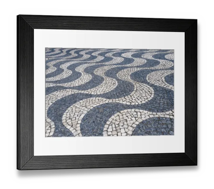 Framed Print : Cascais, Portugal Europe. Typical Portuguese tiled sidewalk in black and white pattern Framed Print : Cascais, Portugal Europe. Typical Portuguese tiled sidewalk in black and white pattern