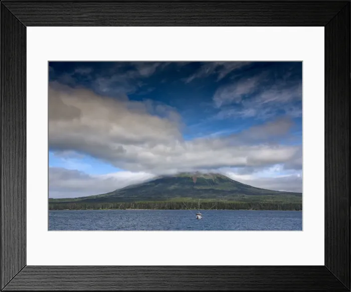 Framed Print : Usa, Alaska. This perfect volcano rises from the sea near Sitka. A fishing troller is in the foreground