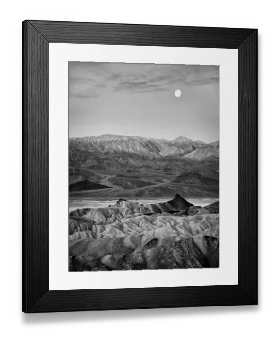 Framed Print : USA, California, Death Valley National Park. Moon setting at dawn over Zabriskie Point Framed Print : USA, California, Death Valley National Park. Moon setting at dawn over Zabriskie Point