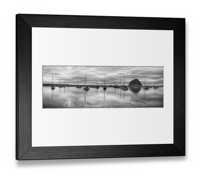 Framed Print : USA, California, Morro Bay. Panoramic view of harbor and Morro Rock at dusk Framed Print : USA, California, Morro Bay. Panoramic view of harbor and Morro Rock at dusk