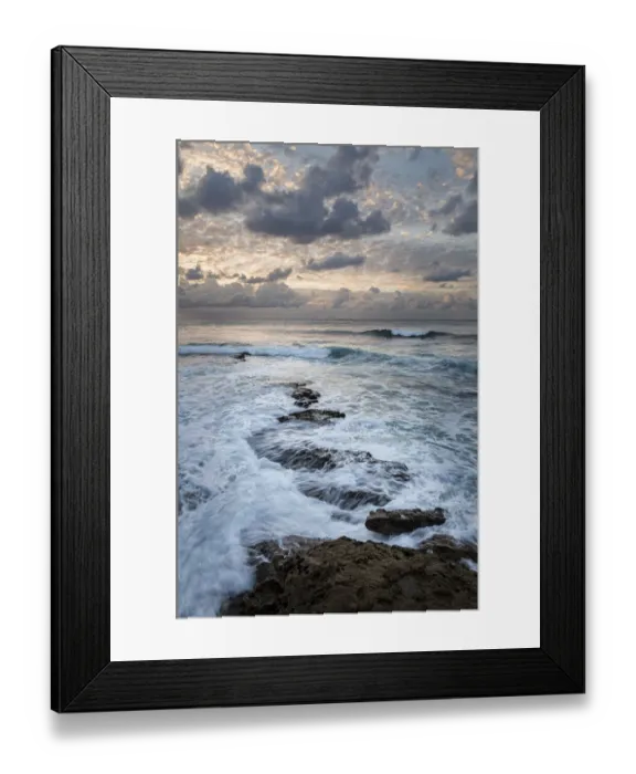 Framed Print : USA, California, La Jolla. Ocean waves and rocks at dusk