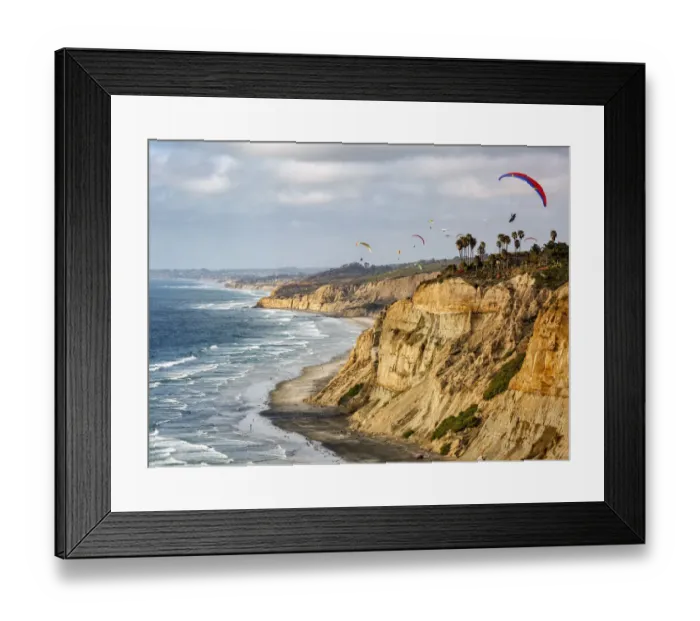 Framed Print : USA, California, La Jolla. Paragliders soar over Blacks Beach Framed Print : USA, California, La Jolla. Paragliders soar over Blacks Beach