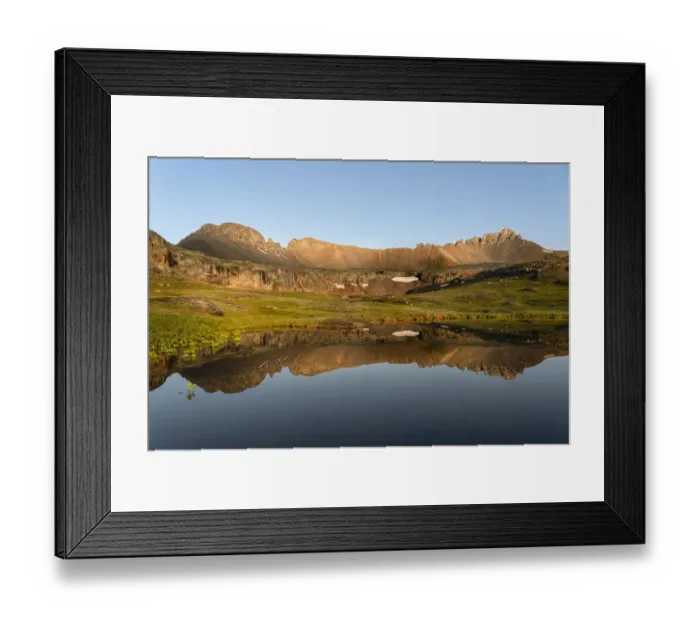Framed Print : USA, Colorado, Uncompahgre National Forest. Three Needles mountains reflect in mountain pond