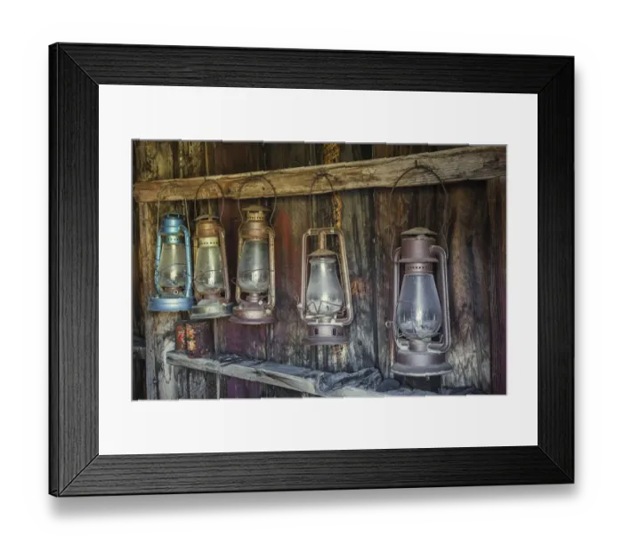 Framed Print : Antique lanterns, Bodie State Historic Park viewed through window, California Framed Print : Antique lanterns, Bodie State Historic Park viewed through window, California
