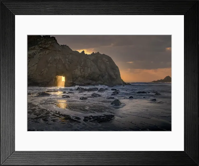 Framed Print : Usa, California. Sunsets gleams through this hole in the rock along the Big Sur coast Framed Print : Usa, California. Sunsets gleams through this hole in the rock along the Big Sur coast