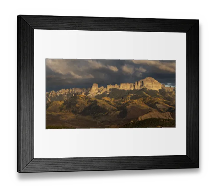 Framed Print : USA, Colorado, Uncompahgre National Forest. Panoramic autumn view of Cimarron Mountains at sunset