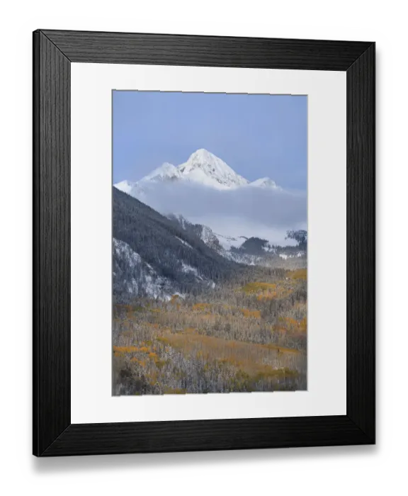 Framed Print : USA, Colorado, Uncompahgre National Forest. Autumn sunrise on Wilson Peak and snowy forest in valley