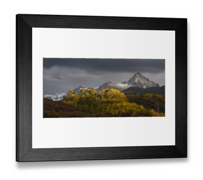 Framed Print : USA, Colorado, Uncompahgre National Forest. Panoramic of sunset on aspen forest below Mt. Sneffels Framed Print : USA, Colorado, Uncompahgre National Forest. Panoramic of sunset on aspen forest below Mt. Sneffels