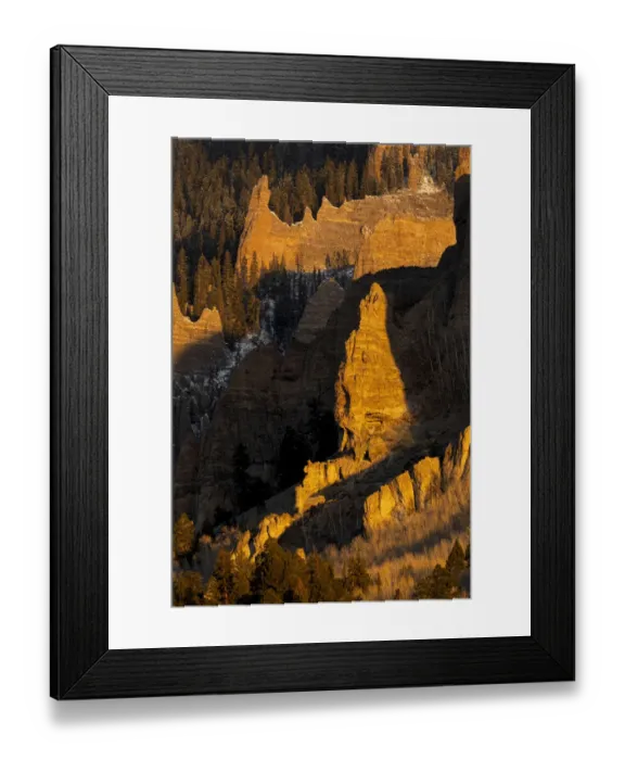 Framed Print : USA, Colorado, Gunnison National Forest. Sunrise on cliffs and forest in autumn Framed Print : USA, Colorado, Gunnison National Forest. Sunrise on cliffs and forest in autumn