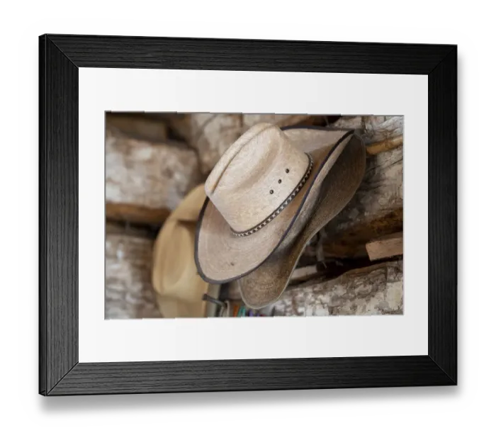 Framed Print : USA, Colorado, Westcliffe. Music Meadows Ranch. Tack room, cowboy hat detail. (PR) Framed Print : USA, Colorado, Westcliffe. Music Meadows Ranch. Tack room, cowboy hat detail. (PR)