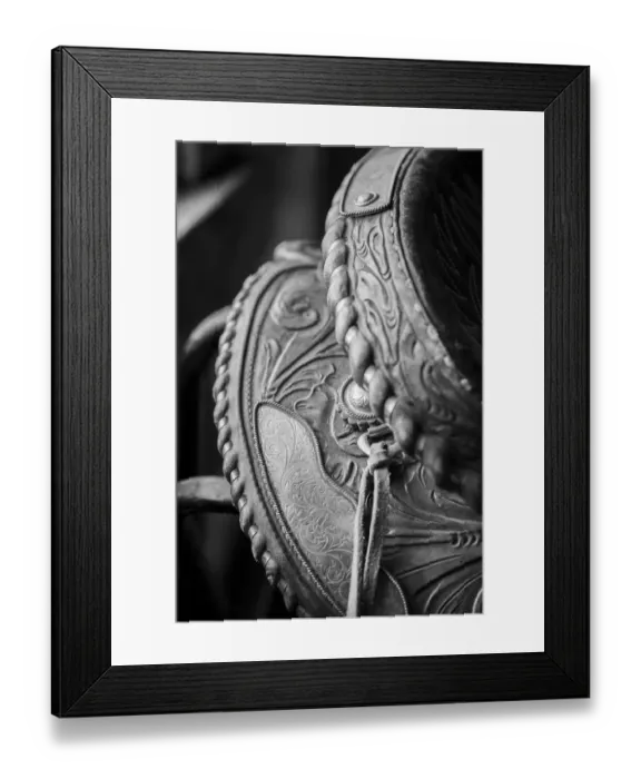 Framed Print : USA, Colorado, Custer County, Westcliffe, Music Meadows Ranch. Tack room. Tooled leather western saddle. (PR) Framed Print : USA, Colorado, Custer County, Westcliffe, Music Meadows Ranch. Tack room. Tooled leather western saddle. (PR)
