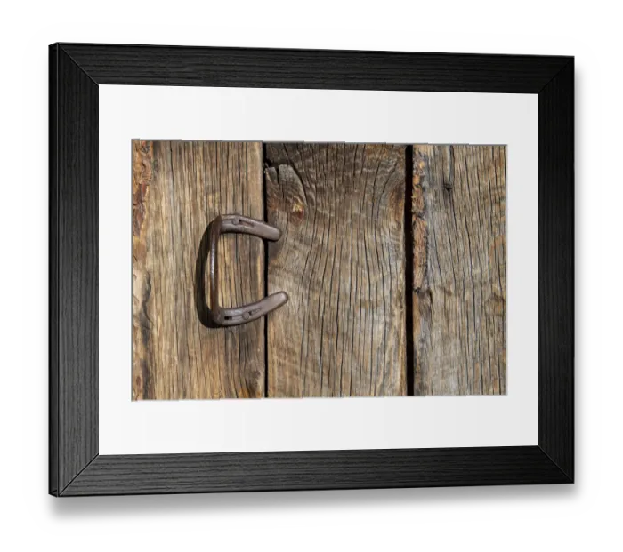 Framed Print : USA, Colorado, Westcliffe. Old wooden barn wall with bent horseshoe handle. (PR)