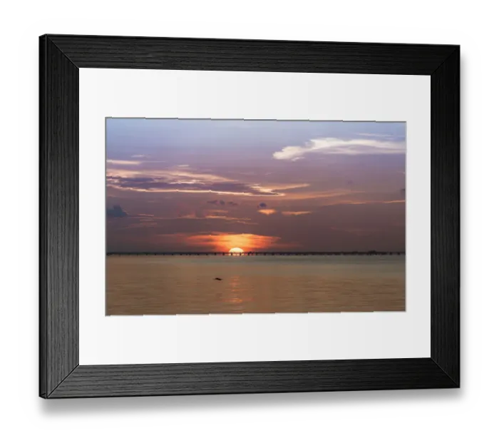 Framed Print : The sun rising behind the Skyway Bridge with stunning purple sky and reflection on the Gulf of Mexico