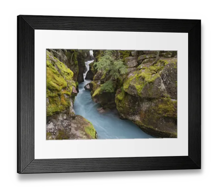 Framed Print : USA, Montana, Glacier National Park. Glacial silt in Avalanche Creek flows through gorge