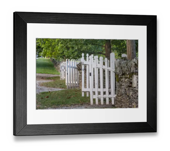Framed Print : Gate and white wooden fence and rock wall, Shaker Village of Pleasant Hill, Harrodsburg, Kentucky