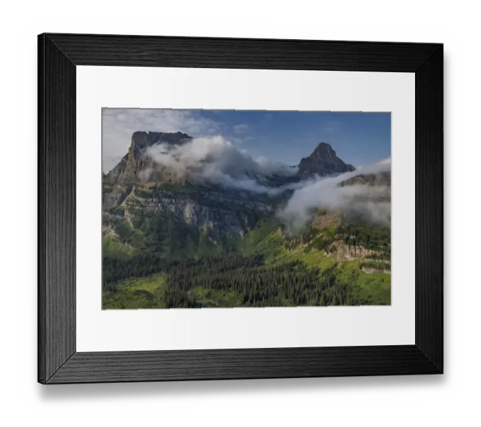 Framed Print : Rolling fog clouds with Heavy Runner and Reynold Mountains at Logan Pass in Glacier National Park, USA