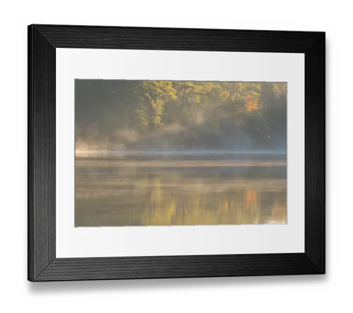 Framed Print : USA, New Jersey, Pine Barrens National Preserve. Foggy forest and lake landscape