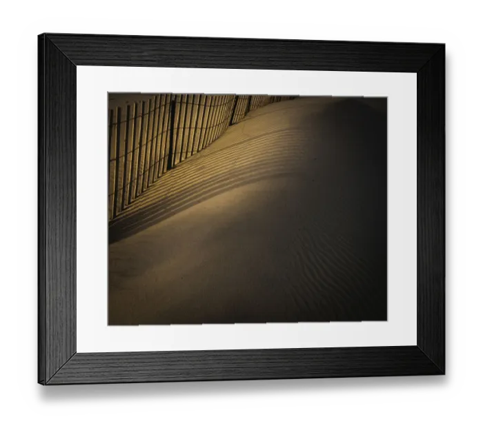 Framed Print : USA, New Jersey, Cape May National Seashore. Fence shadow patterns in sand