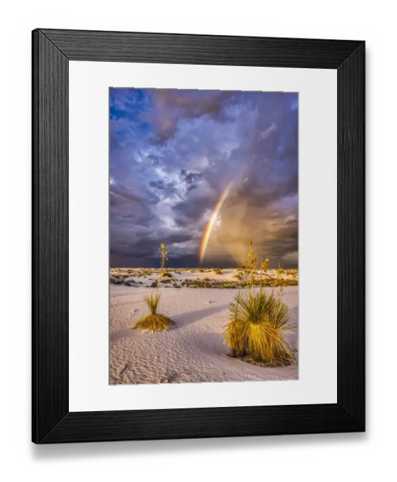 Framed Print : USA, New Mexico, White Sands National Park. Thunderstorm rainbow over desert Framed Print : USA, New Mexico, White Sands National Park. Thunderstorm rainbow over desert