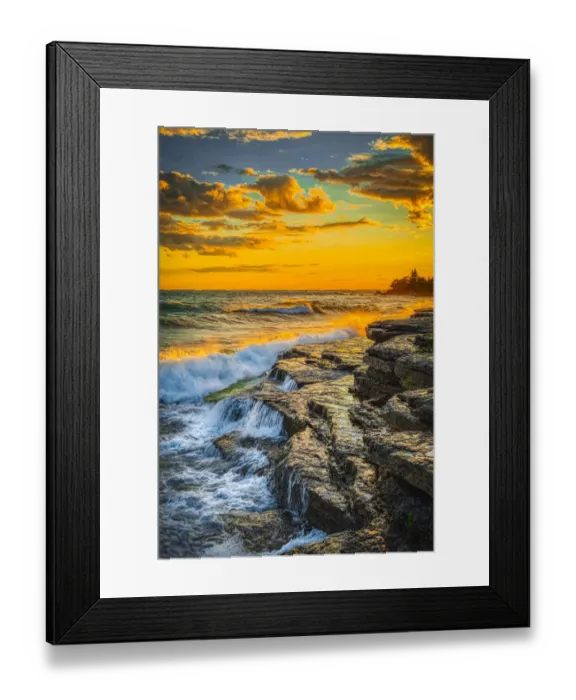 Framed Print : USA, New York, Lake Ontario. Sunset waves on rocky shoreline