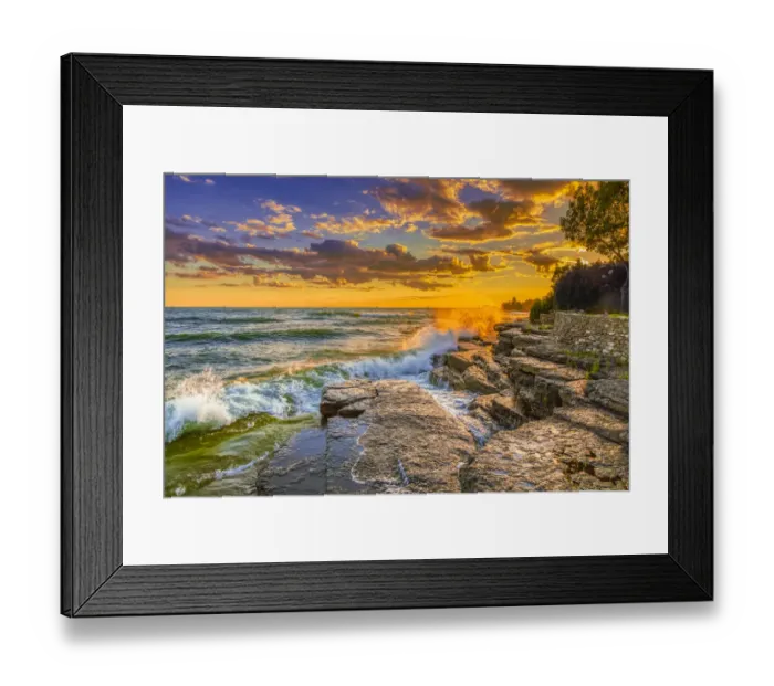 Framed Print : USA, New York, Lake Ontario. Sunset waves on rocky shoreline Framed Print : USA, New York, Lake Ontario. Sunset waves on rocky shoreline