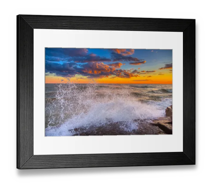 Framed Print : USA, New York, Lake Ontario. Sunset waves on rocky shoreline