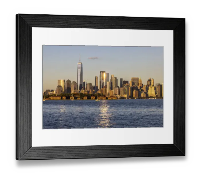 Framed Print : USA, New York. View of New York City skyline at sunset from Port Liberte in Jersey City, New Jersey