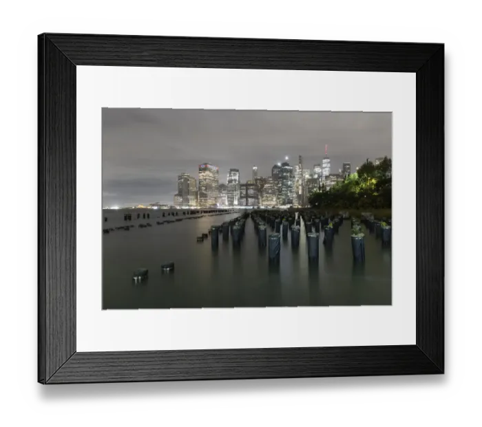 Framed Print : USA, New York. New York City, downtown view from Pier 1, wooden pilings in front of river in Brooklyn Heights Framed Print : USA, New York. New York City, downtown view from Pier 1, wooden pilings in front of river in Brooklyn Heights