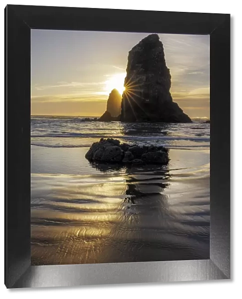 Haystack Rock Pinnacles at low tide in Cannon Beach, Oregon, USA