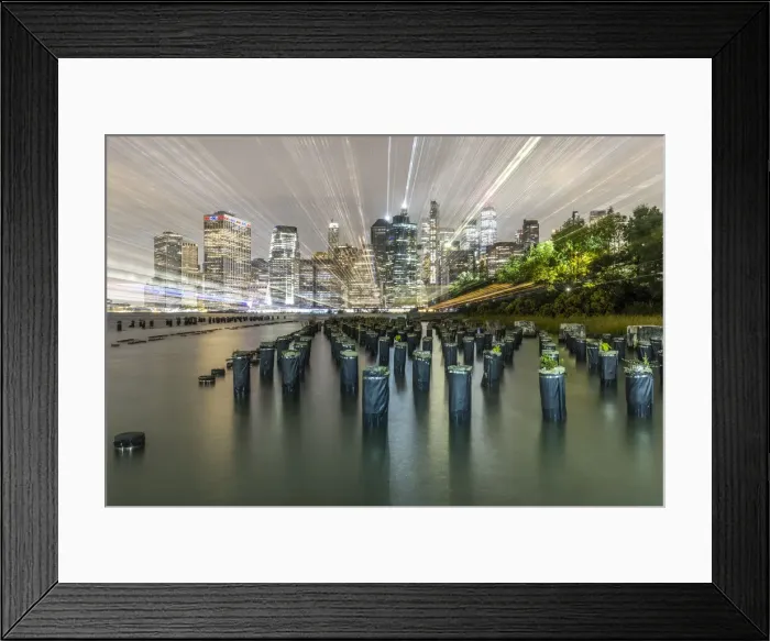 Framed Print : USA, New York. Downtown view from Pier 1, wooden pilings in front of river in Brooklyn Heights