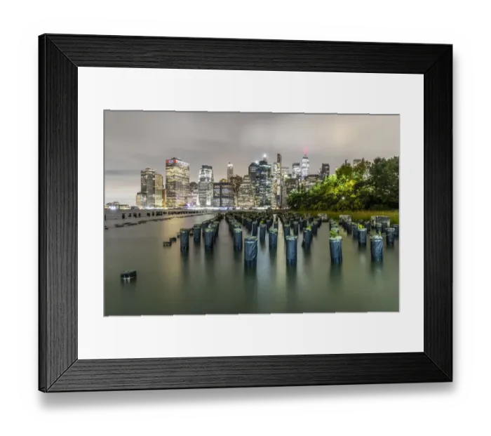 Framed Print : USA, New York. Downtown view from Pier 1, wooden pilings in front of river in Brooklyn Heights Framed Print : USA, New York. Downtown view from Pier 1, wooden pilings in front of river in Brooklyn Heights