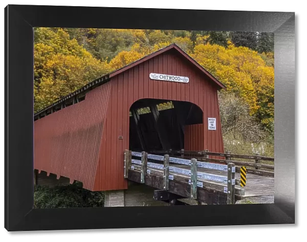 Chitwood Covered Bridge in autumn in Lincoln County, Oregon, USA